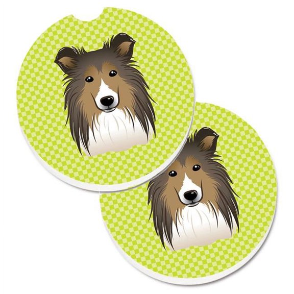 Checkerboard Lime Green Sheltie Set of 2 Cup Holder Car Coaster
