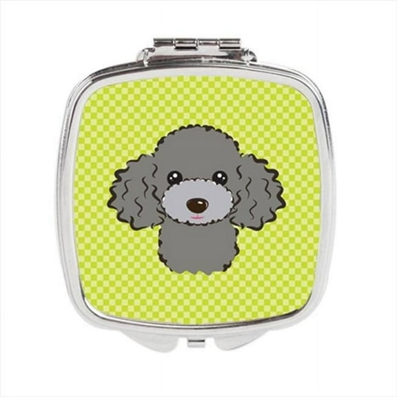 Checkerboard Lime Green Silver Gray Poodle Compact Mirror, 2.75 x 3 x .3 In.
