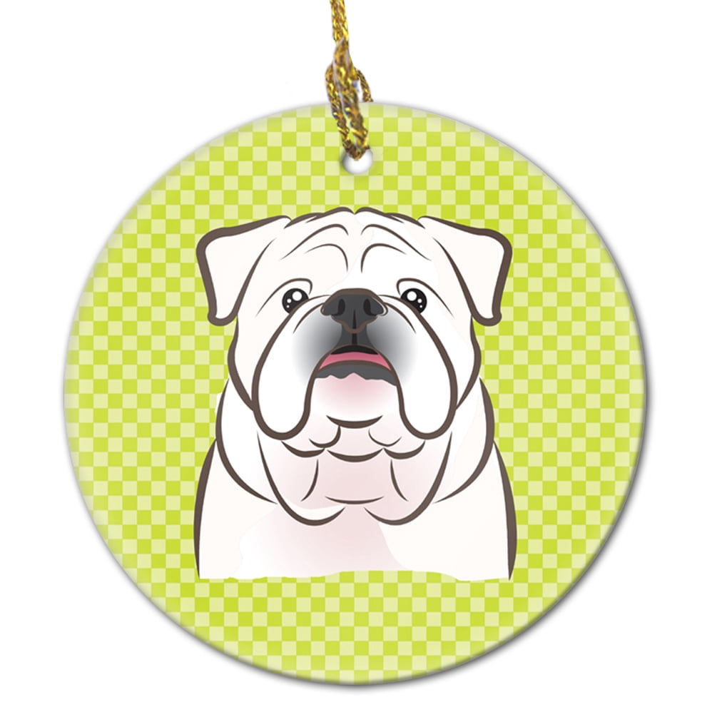 Checkerboard Lime Green White English Bulldog Ceramic Ornament