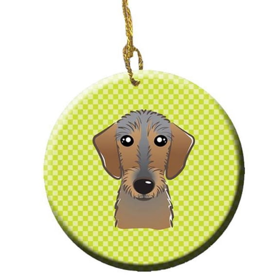 Checkerboard Lime Green Wirehaired Dachshund Ceramic Ornament, 2.81 In.