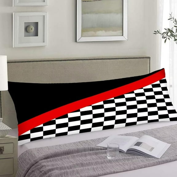 Checkerboard Modern Body Pillow Cover Checkered Plaid Pattern Car Racing Sports Chess Board Decorative Soft Cushion Long Pillowcase with Zipper Red Black White Bedding Pillow Cases for Bedroom,20"x54"