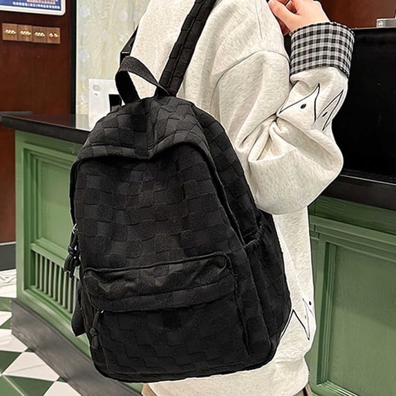Checkerboard Nylon Backpack Lightweight Casual Daypack with Front Pocket for Commuting Travel and Daily Use
