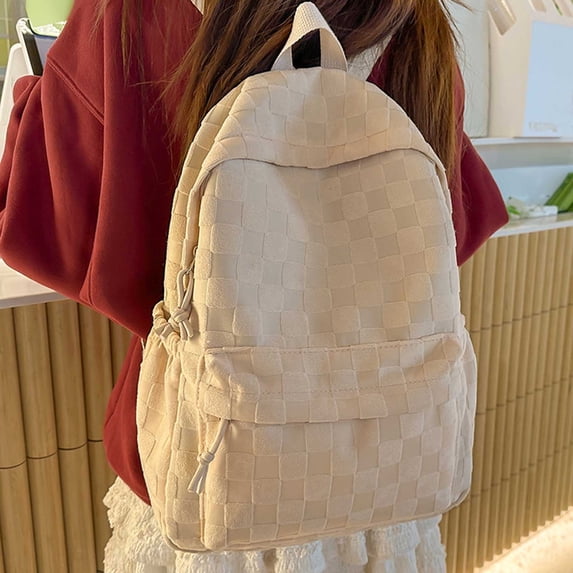 Checkerboard Nylon Backpack Lightweight Casual Daypack with Front Pocket for Commuting Travel and Daily Use