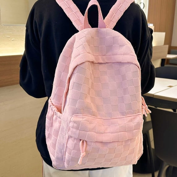 Checkerboard Nylon Backpack Lightweight Casual Daypack with Front Pocket for Commuting Travel and Daily Use