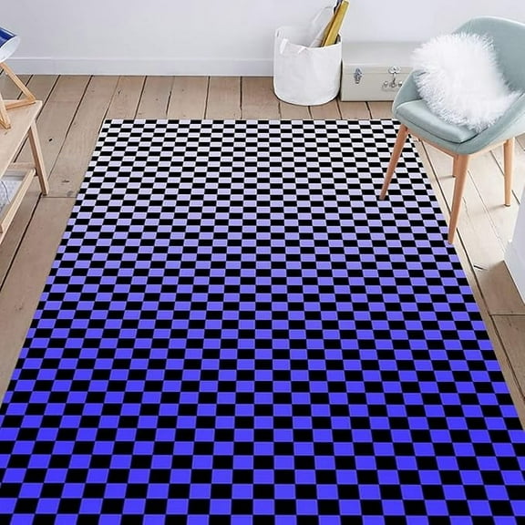 Checkerboard Ombre Blue Modern Area Rug For Living Room Bedroom Washable Soft Thick Plush Carpet Under Dining Coffee Table Retro Checkered Home Office Floor Runner Rug 2 x 3ft