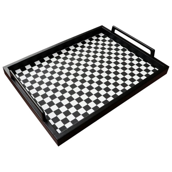 Checkerboard PU Faux Leather Serving Tray with Metal Handles