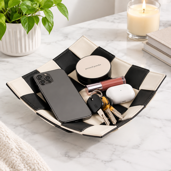 Checkerboard PU Leather Desktop Valet Tray, Catch-all Organizer for Keys, Wallets and Watches
