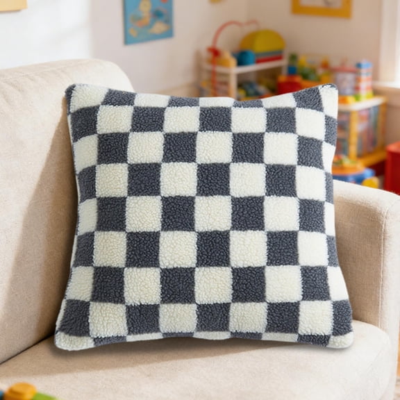 Checkerboard Pattern Lamb Wool Pillow Cover, Gray Polyester Cushion Case with Invisible Zipper, Decorative Sofa and Bed Accent for Home Decor (5 Pcs)