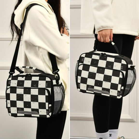 Checkerboard Pattern Lunch Bag Cooler Bag Cooling Tote Portable Shoulder Strap Interior Pockets for Picnic Travel