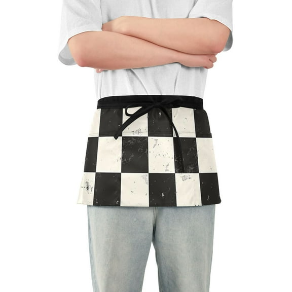 Checkerboard Pattern Waist Apron Adjustable Server Half Apron Kitchen Cooking with 3 Pockets for Men Women
