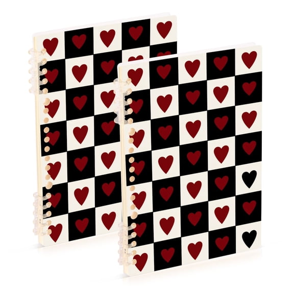 Checkerboard Pattern with Red Black Hearts Valentine Notebook Detachable Coil Notebook Diary Plan Book A5 Size 60 Pages 2 Pack