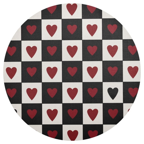 Checkerboard Pattern with Red Black Hearts Valentine PVC Round Grid Placemat Table Mat 1 Pc 15.4" x 15.4"