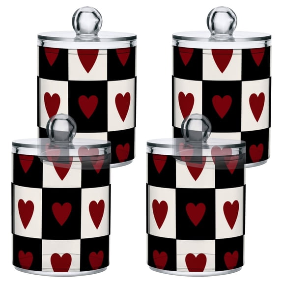 Checkerboard Pattern with Red Black Hearts Valentine Translucent Plastic Cans Storage Canisters with Lid Set of 4