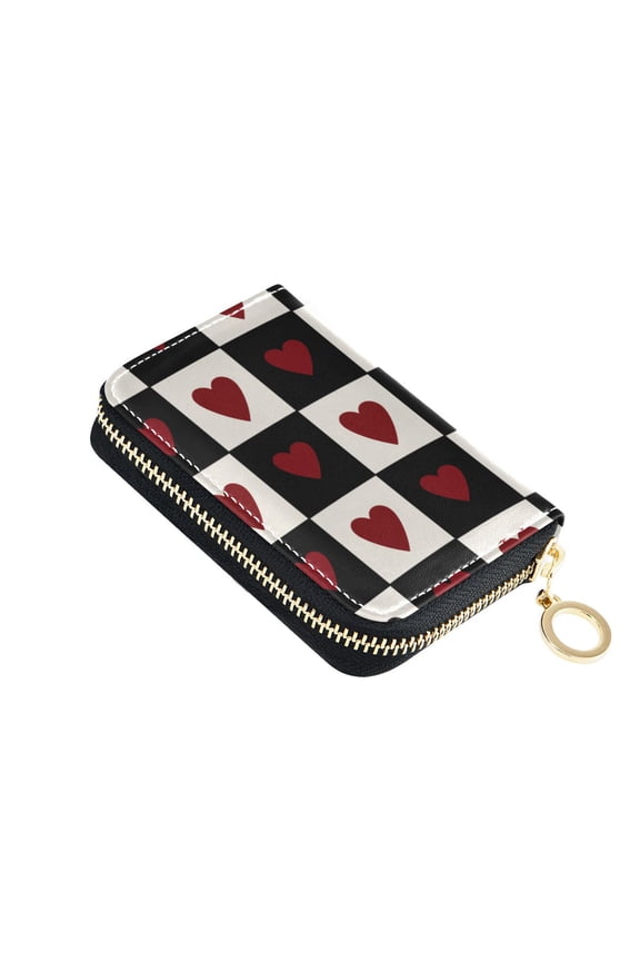 Checkerboard Pattern with Red Black Hearts Valentine Women's Credit Card Holder PU Leather Zipper Wallet RFID Blocking