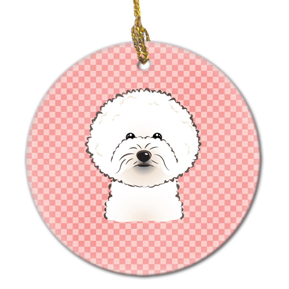 Checkerboard Pink Bichon Frise Ceramic Ornament