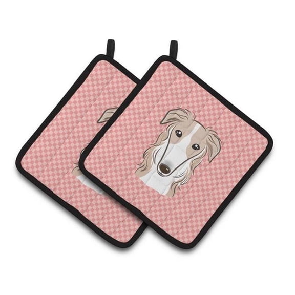 Checkerboard Pink Borzoi Pair of Pot Holders