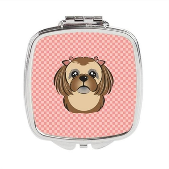 Checkerboard Pink Chocolate Brown Shih Tzu Compact Mirror, 2.75 x 3 x .3 In.