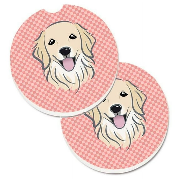 Checkerboard Pink Golden Retriever Set of 2 Cup Holder Car Coaster