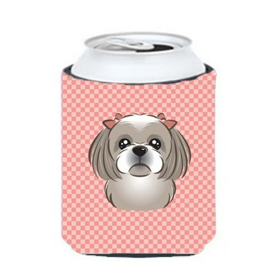 Checkerboard Pink Gray Silver Shih Tzu Can Or Bottle Hugger, 12 Oz.