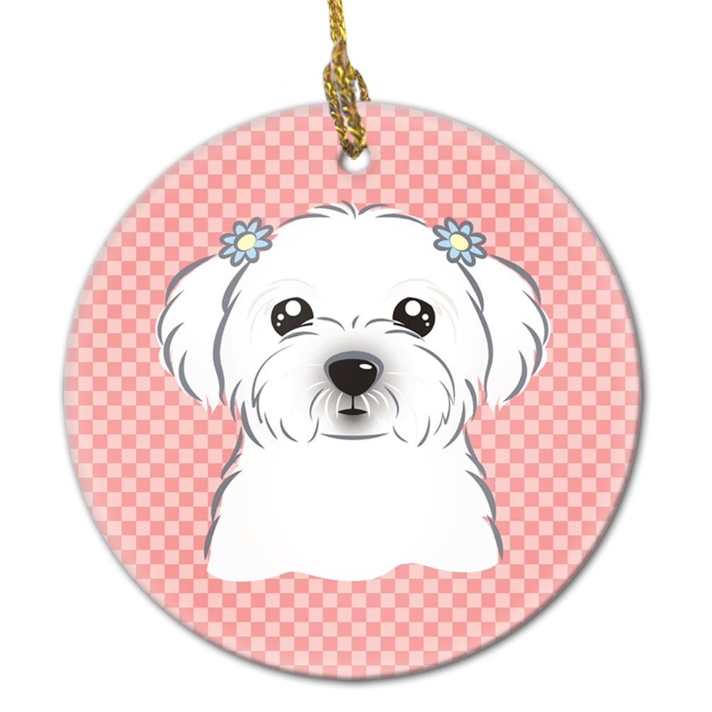 Checkerboard Pink Maltese Ceramic Ornament