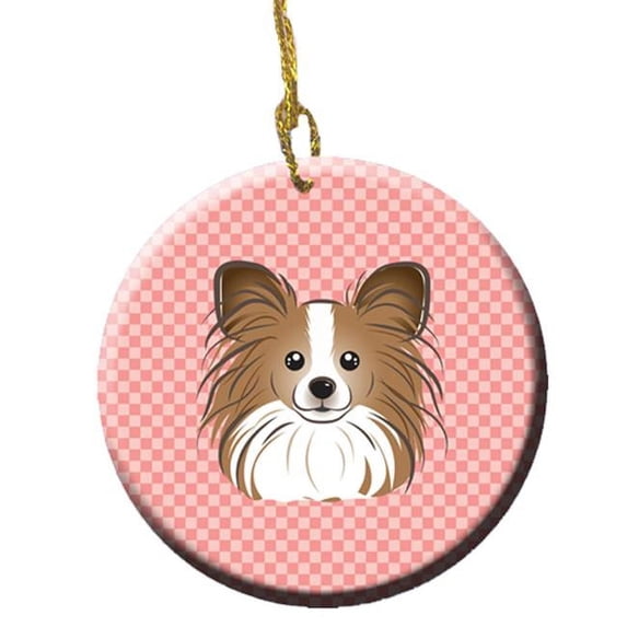 Checkerboard Pink Papillon Ceramic Ornament, 2.81 In.