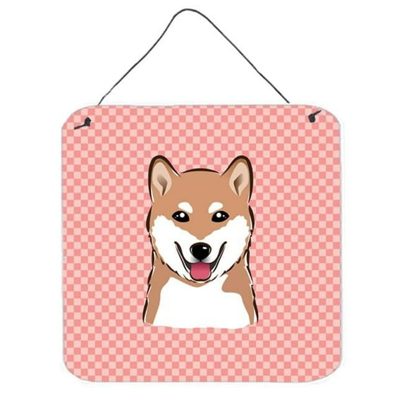 Checkerboard Pink Shiba Inu Aluminum Metal Wall Or Door Hanging Prints, 6 x 6 In.