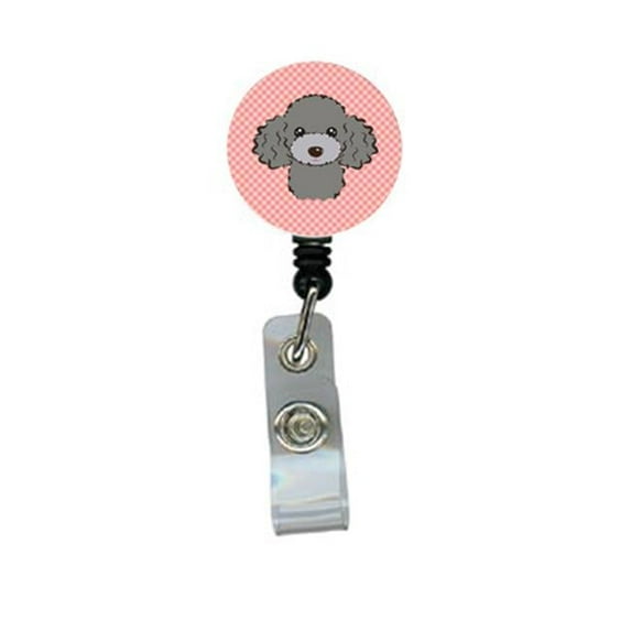 Checkerboard Pink Silver Gray Poodle Retractable Badge Reel
