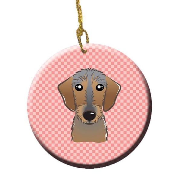 Checkerboard Pink Wirehaired Dachshund Ceramic Ornament, 2.81 In.