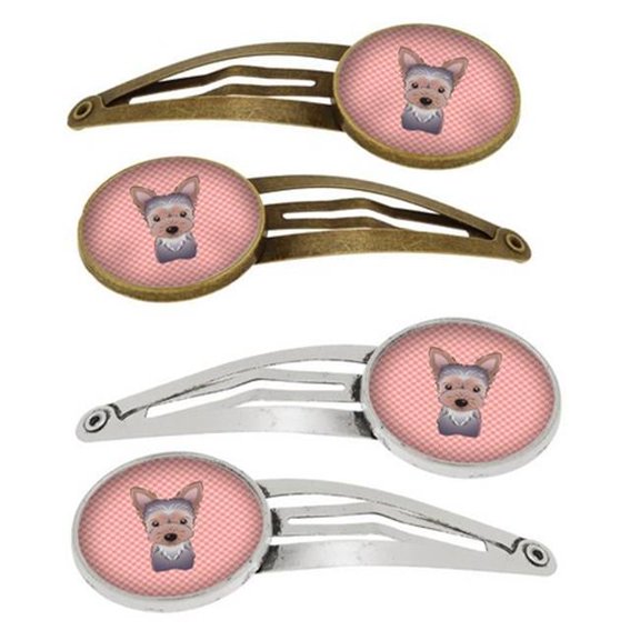 Checkerboard Pink Yorkie Puppy Barrettes Hair Clips, Set of 4