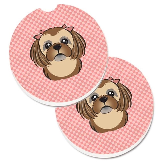 Checkerboard Pink with Chocolate & Brown Shih Tzu Set of 2 Cup Holder Car Coaster