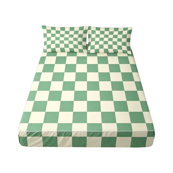 Checkerboard Plaid Microfiber Bedding 3 Piece Set,Deep Pocket Elastic Fitted Sheet & Matching Pillow Shams Design,Apartment Dorm Bedroom Decor Bed Linen 70.9"Wx78.7"L