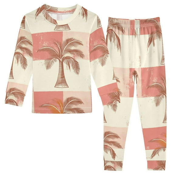 Checkerboard Plaids Coconut Trees Retro Cotton Pajama Set Long Sleeve ...