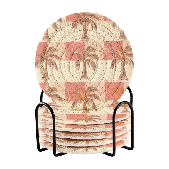 Checkerboard Plaids Coconut Trees Retro Drinking Coasters Cup Mat with Holder for Kitchen Cafe Bar 6 Packs