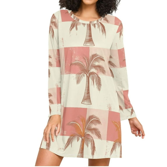 Checkerboard Plaids Coconut Trees Retro Women's Long Sleeves Nightgowns ...