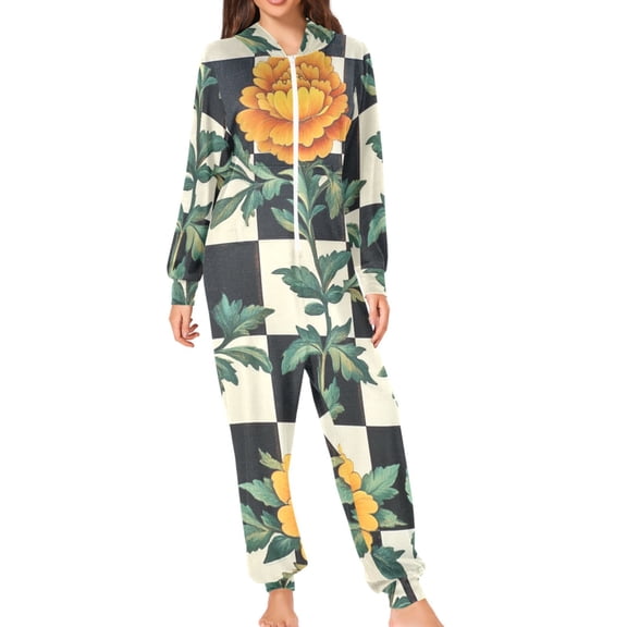 Checkerboard Plaids Yellow Flowers Adult's Hoodie Onesie Jumpsuit One-Piece Pajamas with Zipper Unisex for Holiday S