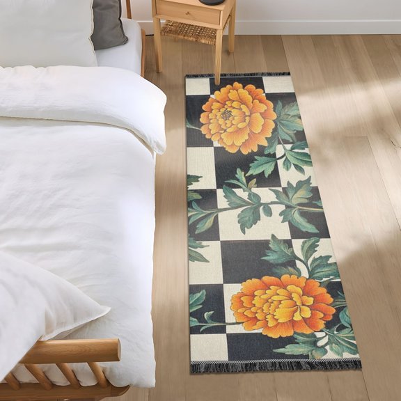 Checkerboard Plaids Yellow Flowers Bedside Runner Rug 2'x 6' Non Slip Carpet Floor Mat Area Rug