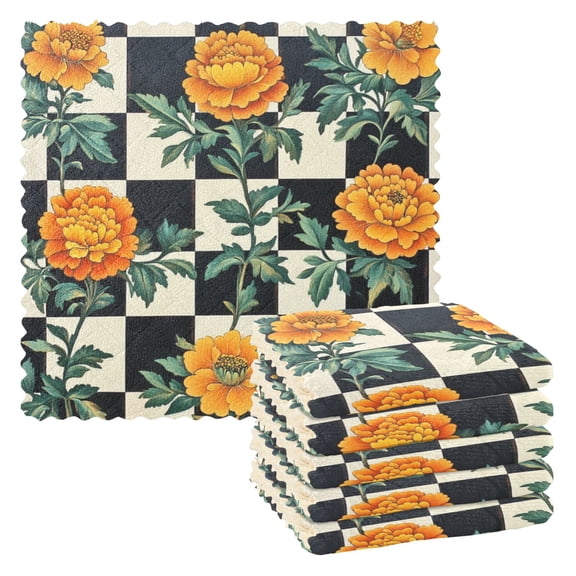 Checkerboard Plaids Yellow Flowers Dish Cloths Dish Towels Cleaning Cloths Quick Drying Reusable 11" x 11" Set of 6