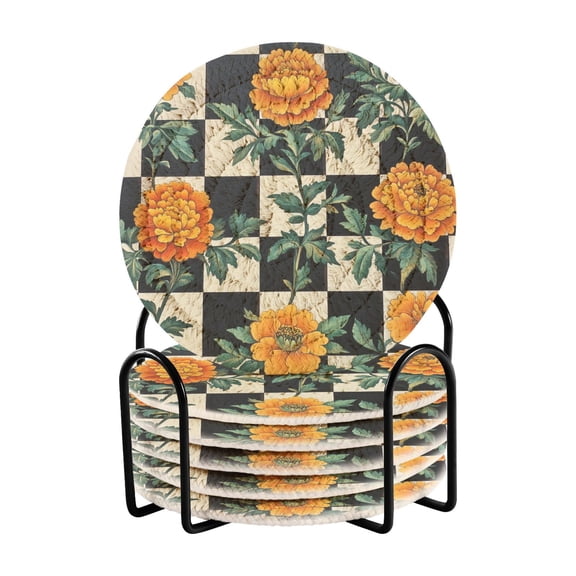 Checkerboard Plaids Yellow Flowers Drinking Coasters Cup Mat with Holder for Kitchen Cafe Bar 6 Packs