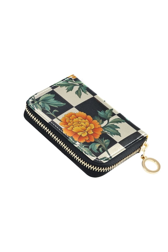 Checkerboard Plaids Yellow Flowers Women's Credit Card Holder PU Leather Zipper Wallet RFID Blocking