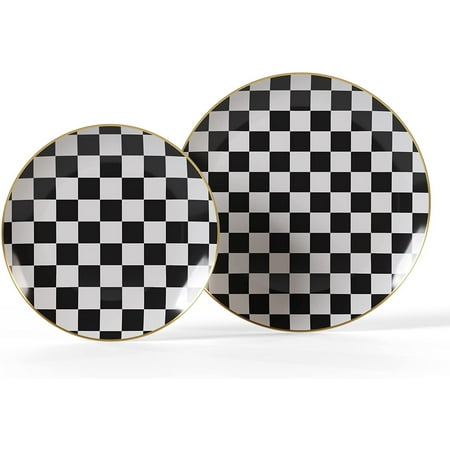 Checkerboard Plastic Wedding 10" Banquet Plates Black & White Checkered With Gold Rim 10ct.