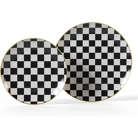Checkerboard Plastic Wedding 10" Banquet Plates Black & White Checkered With Gold Rim 120ct.