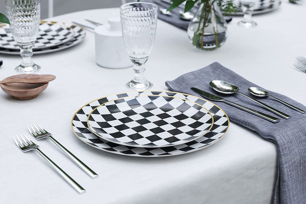 Party Source Checkerboard 8" White w/ Gold Rim Wedding Plastic Salad Party Plates 120ct.