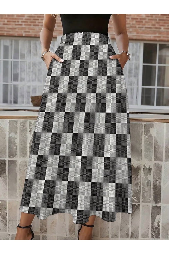 Checkerboard Print A-Line Midi Skirt Style With Textured Squares
