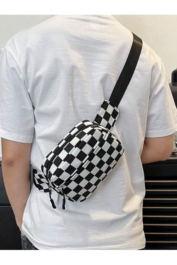 Checkerboard Print Crossbody Waist Bag Black And White-2 Compact Zipper