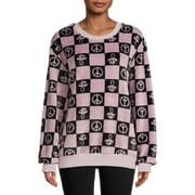 LICENSED GRAPHICS Checkerboard Print Women's Juniors Pullover Plush Fleece Graphic Sweatshirt