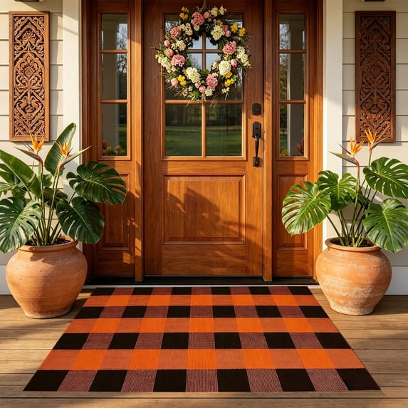 Checkerboard Rug,Porch Rug,Checkered Rug,Plaid Outdoor Rugs,Soft Machine Washable Cotton Woven Welcome Mat Area Rugs for Home Decor, Bedroom(Brown 31.5*20IN)