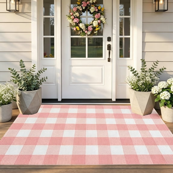 Checkerboard Rug,Porch Rug,Checkered Rug,Plaid Outdoor Rugs,Soft Machine Washable Cotton Woven Welcome Mat Area Rugs for Home Decor, Bedroom(Pink 31.5*20IN)