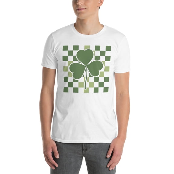 Checkerboard Shamrock T-Shirt – Stylish St. Patrick’s Day Irish Design, Fun and Casual Apparel (M) (White)