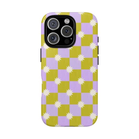 Checkerboard Star Tough Phone Case for iPhone, Dual-Layer Protective Cover, Lilac & Chartreuse Retro Design, Gift Idea
