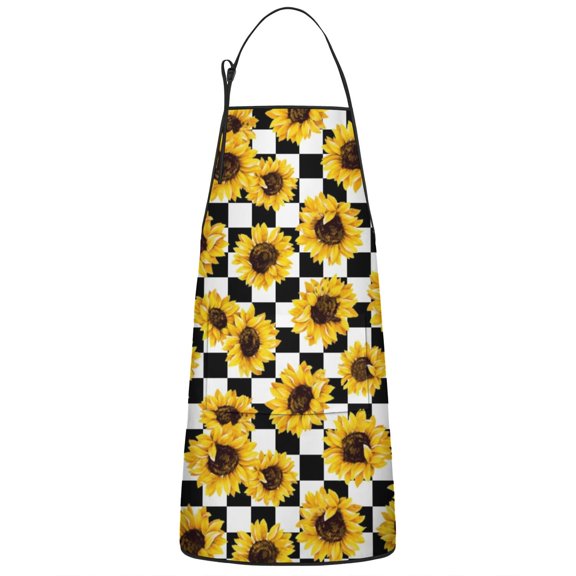 Checkerboard Sunflower Pattern Apron-Garden Aprons for Women with Pockets-Cotton Linen Waterproof Kitchen Cooking Gardening Aprons Adjustable for Kitchen,Cooking,BBQ and Salon 33x27 Inch